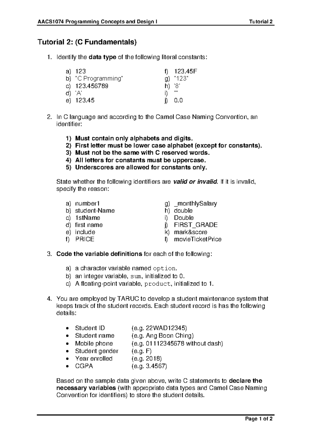 Tutorial 02 - C Fundamentals - AACS1074 Programming Concepts and Design ...