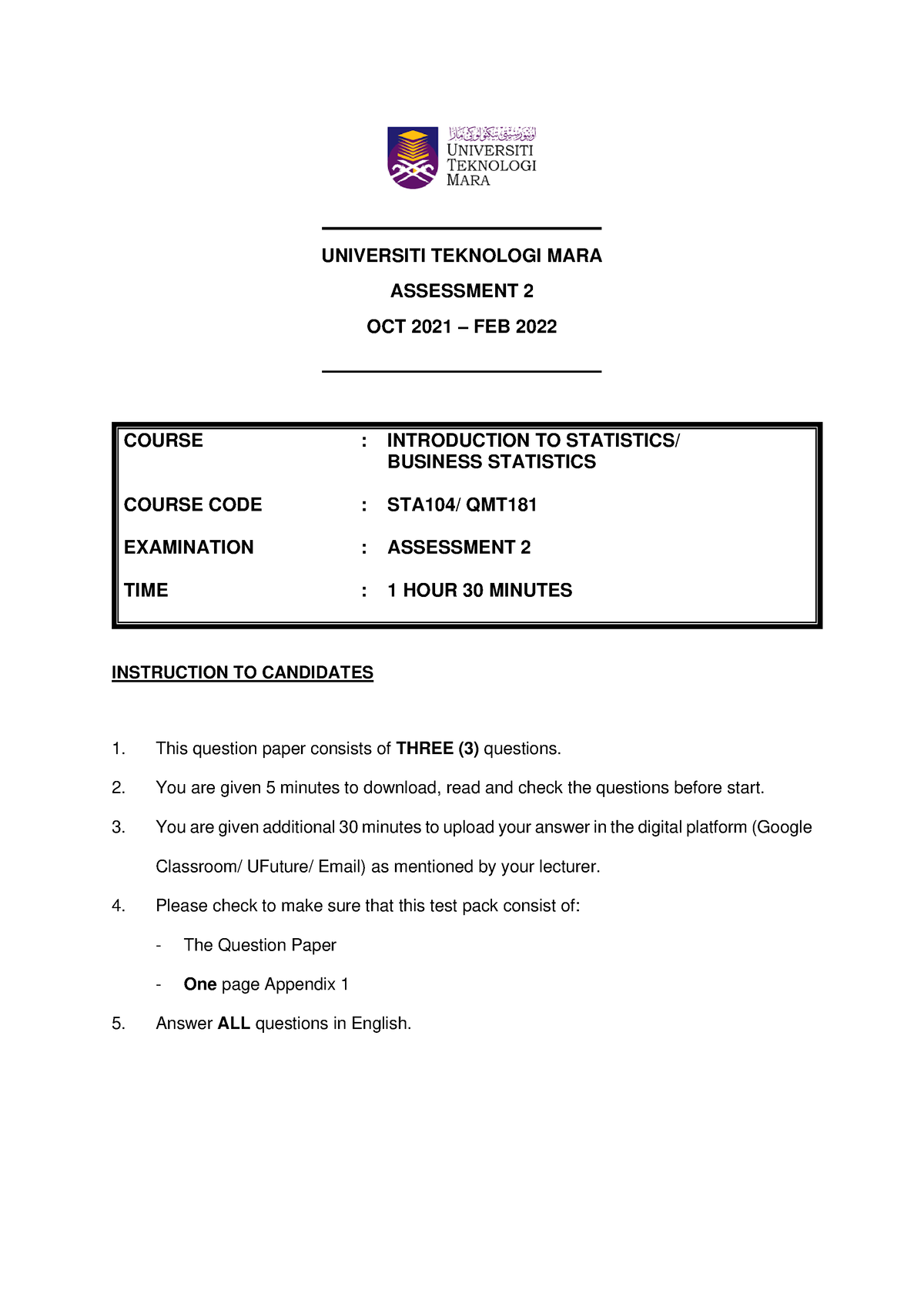 Q A2 Jan 2022 - Sta104 - Universiti Teknologi Mara Assessment 2 Oct 