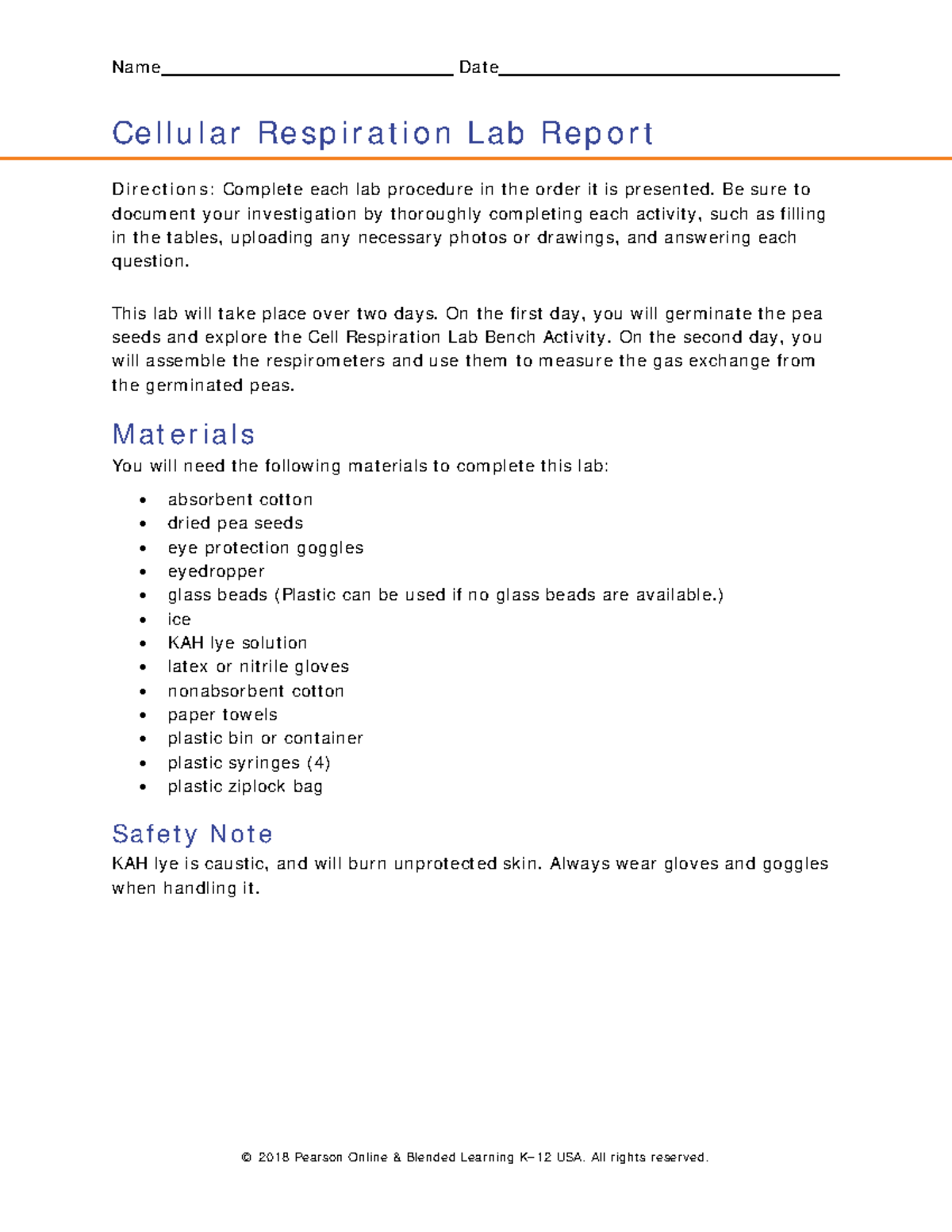 Cellular Respiration Lab Report Nam e Dat e Ce l l u l a r Re s p i r