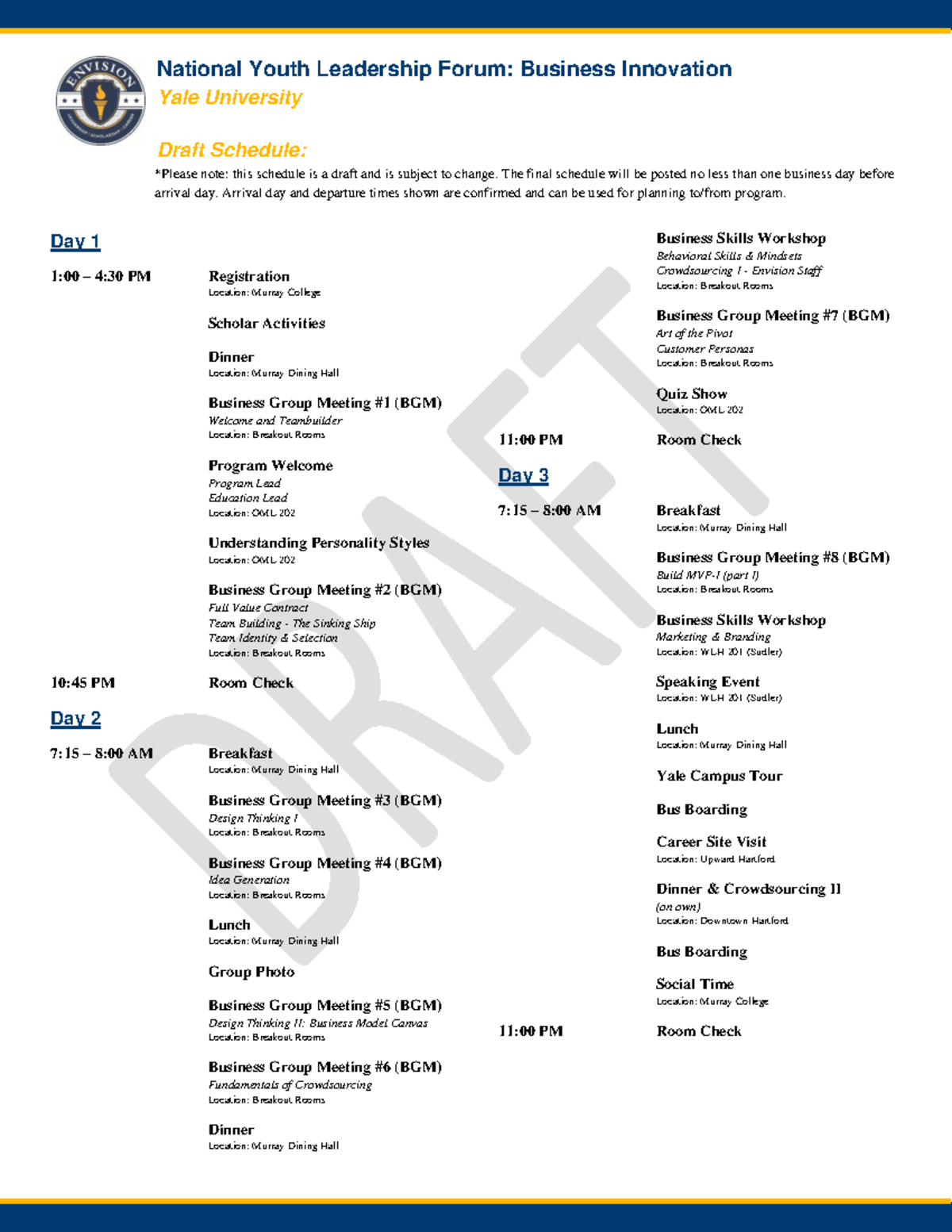 National Youth Leadership Forum Business Innovation Draft Schedule 2 - nfjsmdjsndjs ncbsfj jdbejf - National Youth