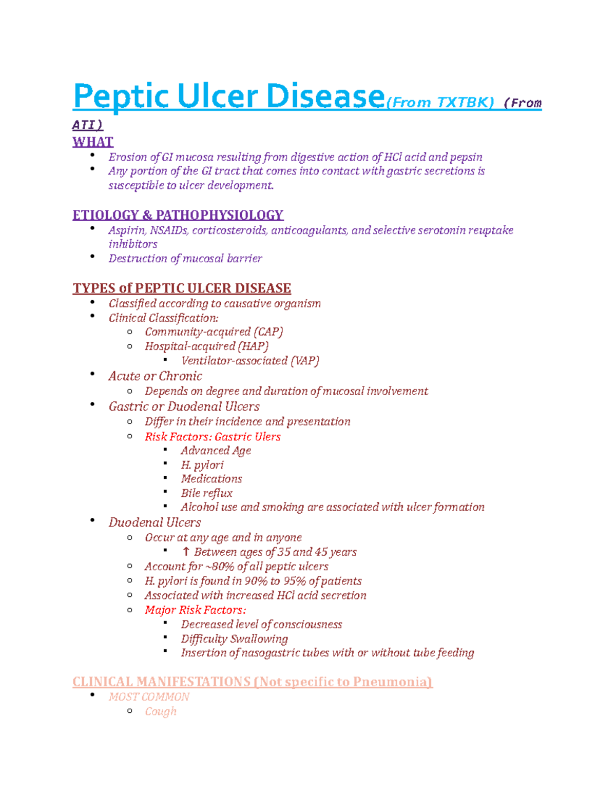 Med-Surg 1 PUD Notes 2022 - Peptic Ulcer Disease(From TXTBK) (From ATI ...