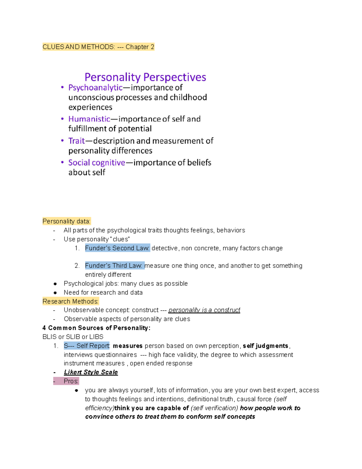 PSYCHOLOGY OF PERSONALITY - PSY 325 - CLUES AND METHODS: - Chapter 2 ...