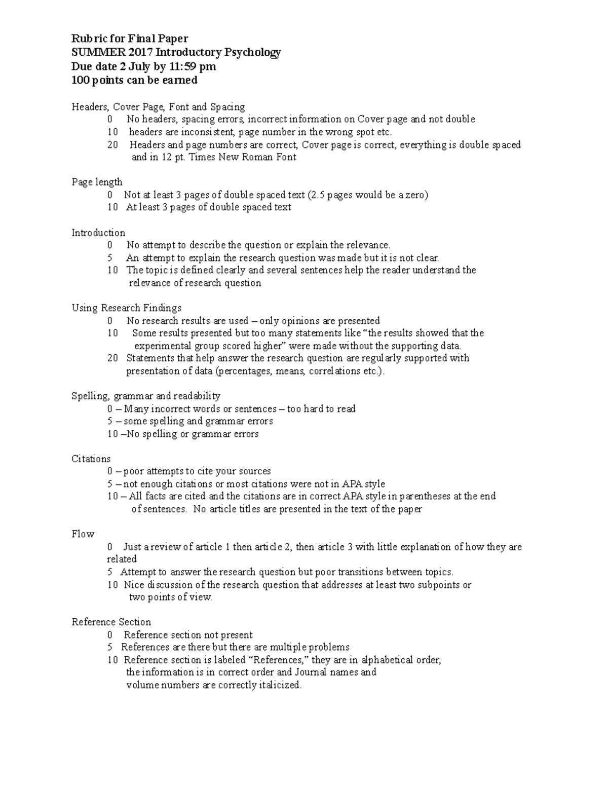 Rubric For Final Paper Psy 101 Gen Psychology Isu Studocu