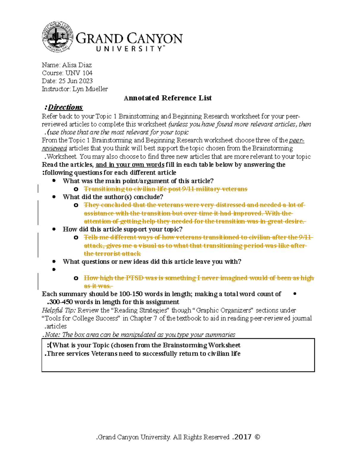 reading strategies and annotated reference list assignment