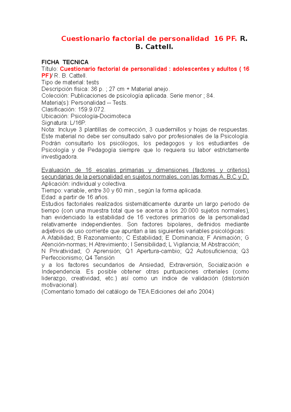 Manual - Cuestionario Factorial De Personalidad 16 PF. R. B. Cattell ...