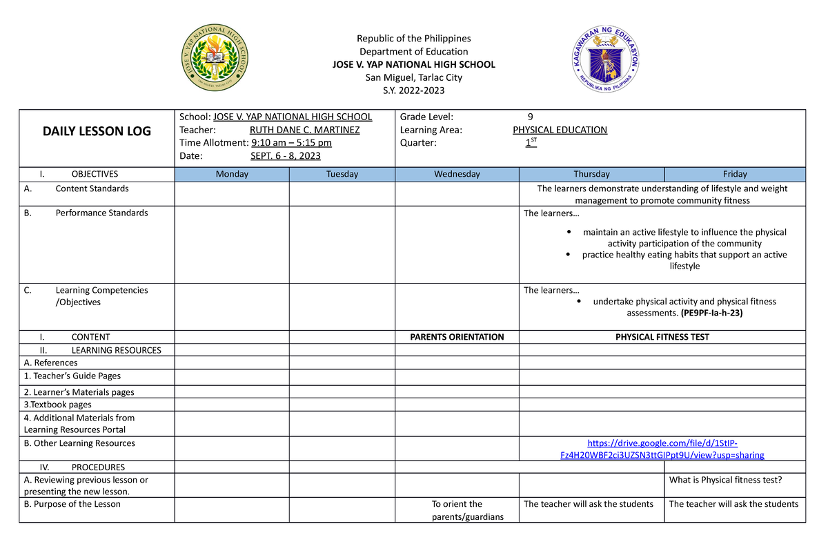 DLL Mapeh 2ND WEEK - Department of Education JOSE V. YAP NATIONAL HIGH ...