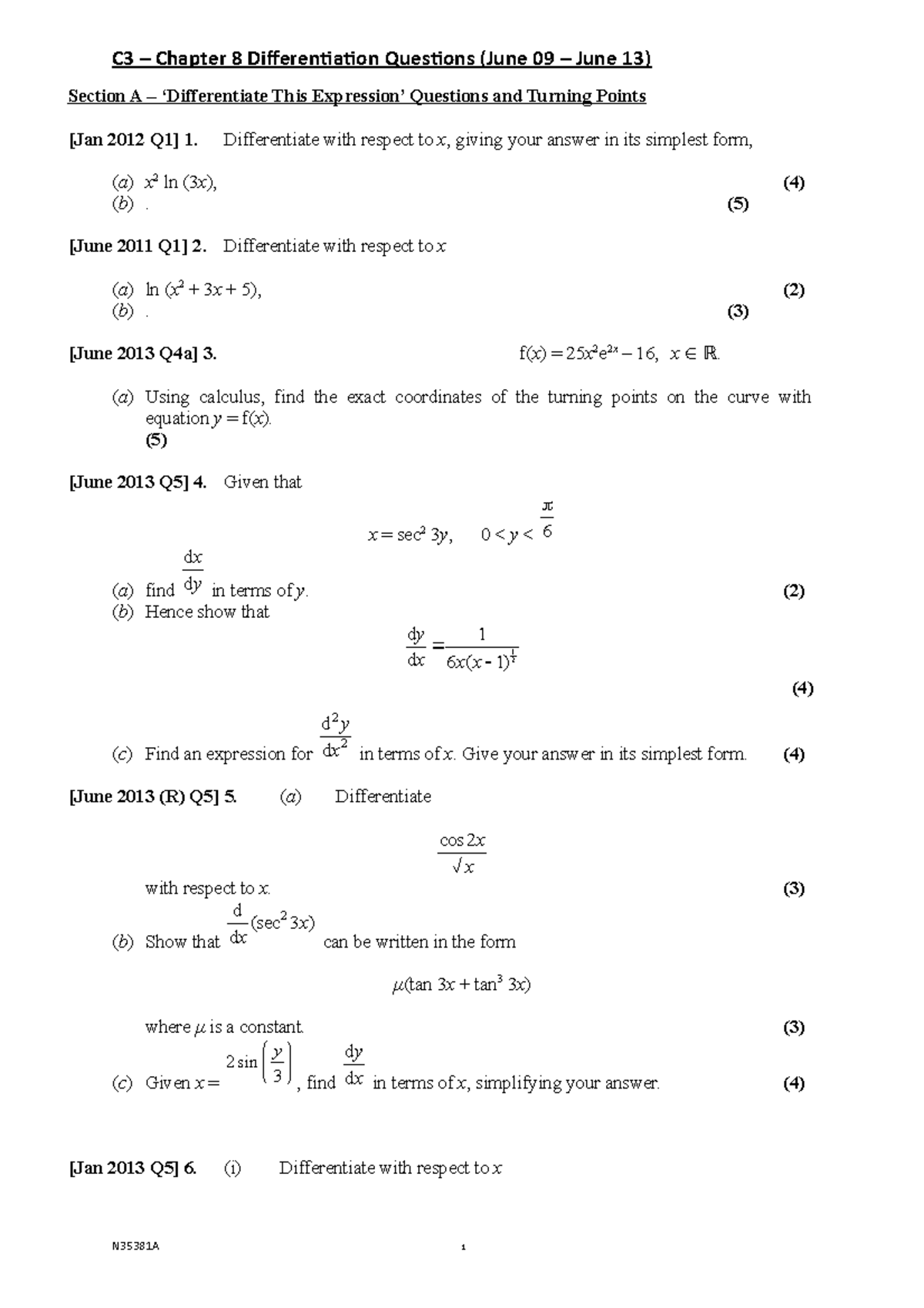 C3-Chp8-Exam Questions - C3 – Chapter 8 Differentiation Questions (June ...