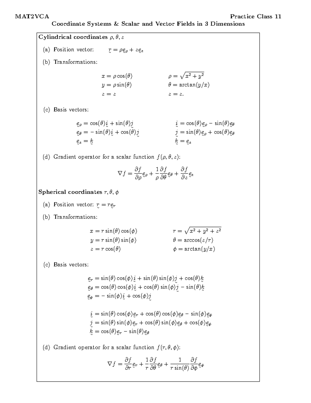 Tutorial Work - 11, 2014 - MAT2VCA Practice Class 11 Coordinate Systems ...