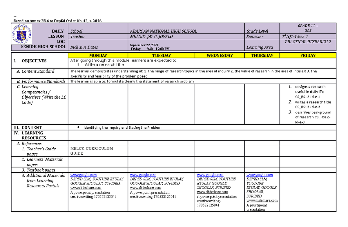 Dll Pr2- Week 4 - Daily Lesson Log Sample - Based On Annex 2b To Deped 