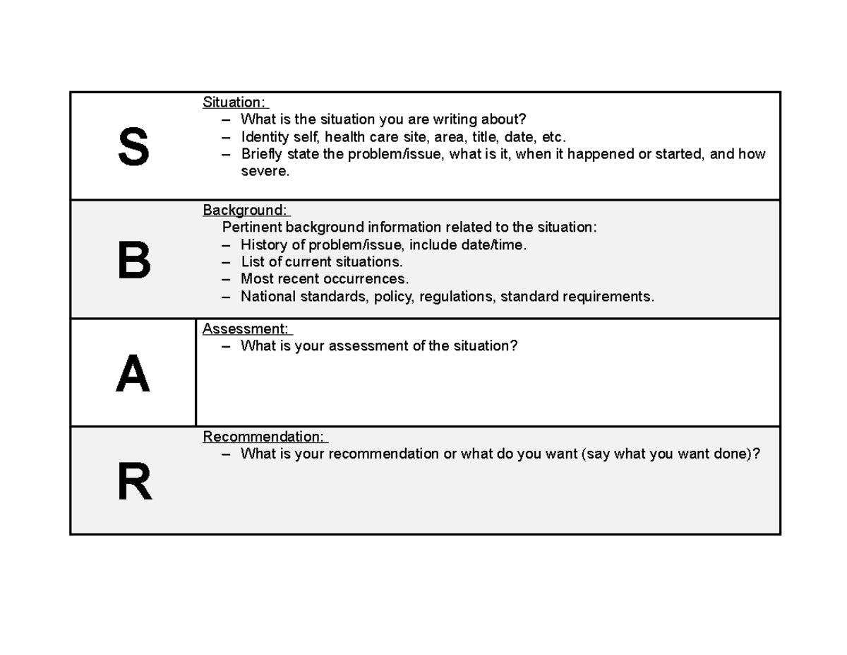 Clinical SBAR Assignment - S Situation: – What is the situation you are ...