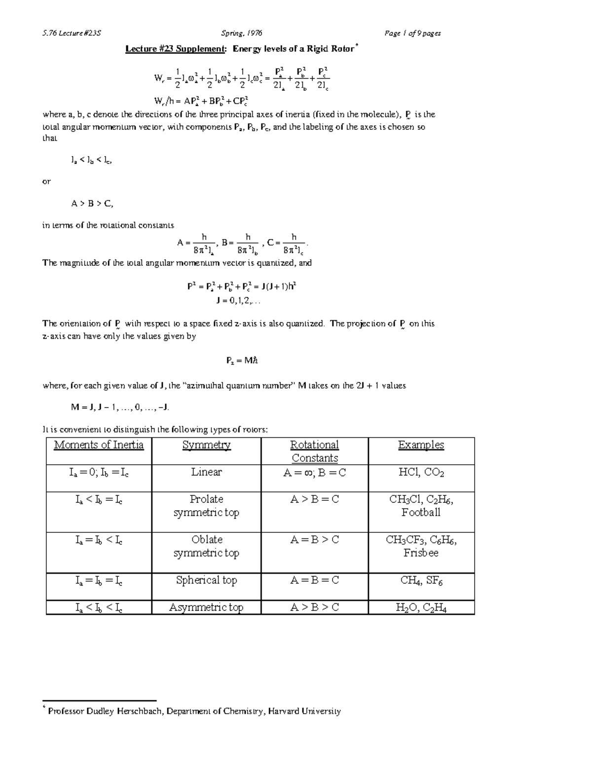 Lec23s - lecture 23 reading notes for Molecular Spectra and Molecular ...