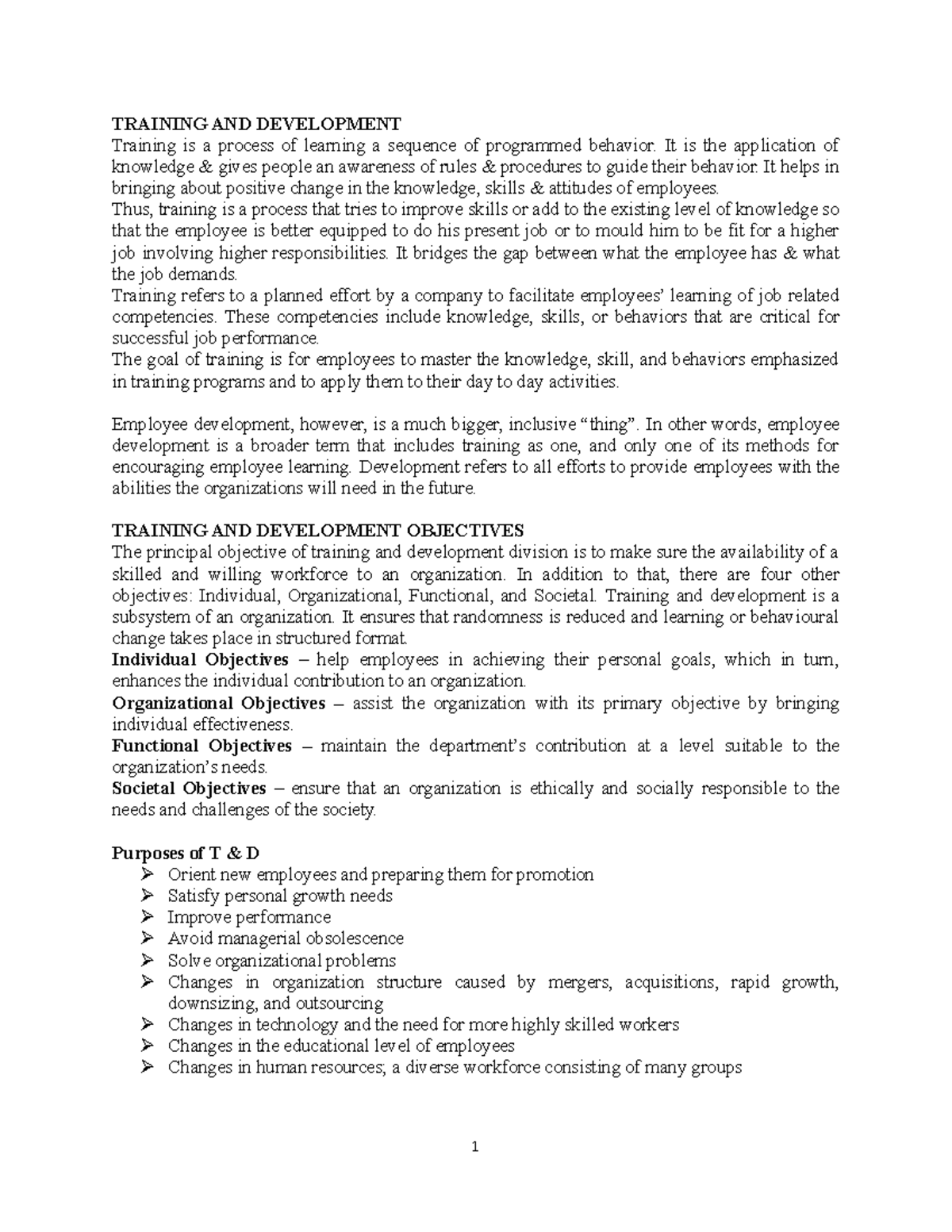 Notes Training N Development - TRAINING AND DEVELOPMENT Training is a ...