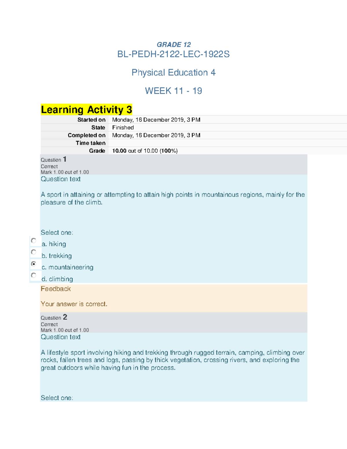 Pedh 122 Week 11 20 - GRADE 12 BL-PEDH- 2122 - LEC-1922S Physical ...