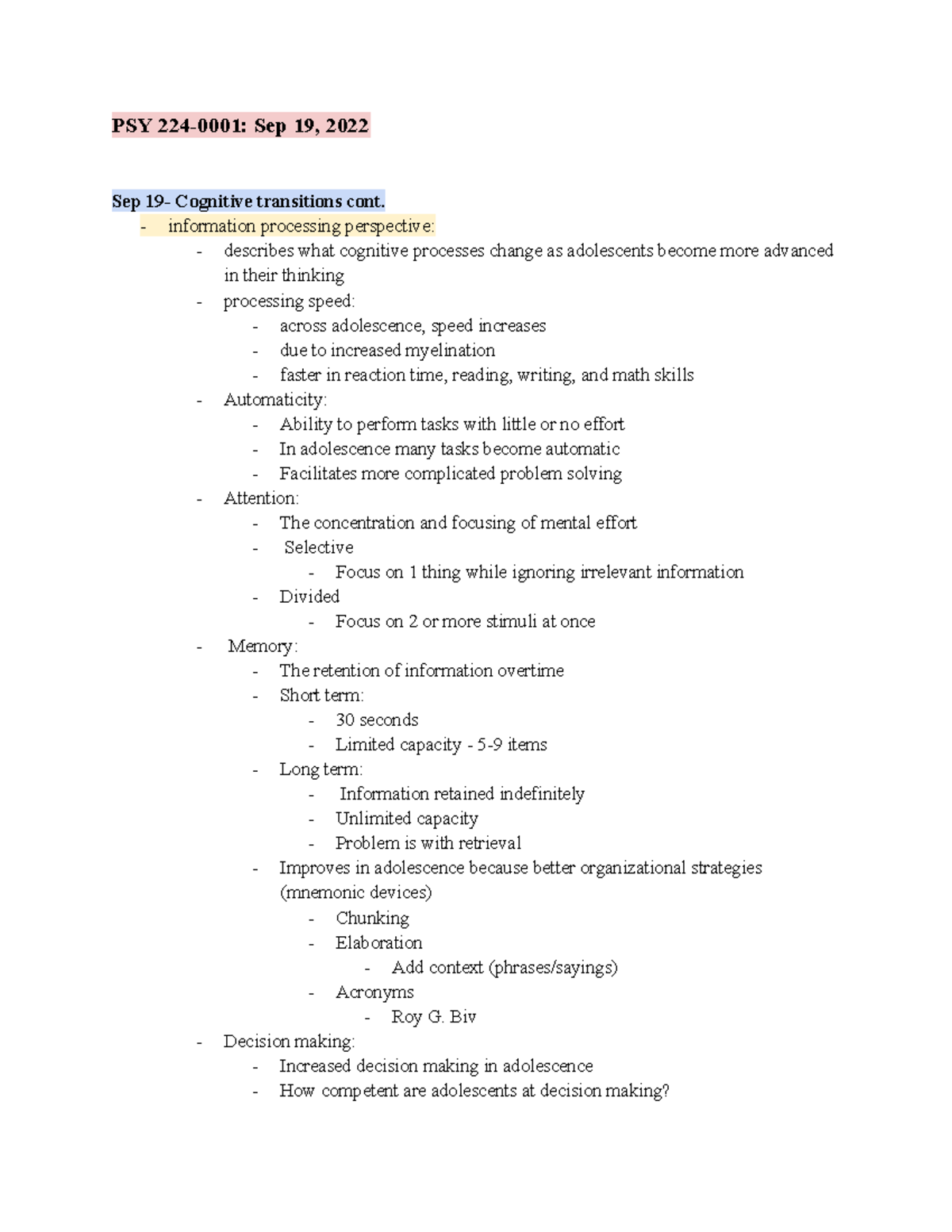 PSY 224-0001 cognitive transitions cont. - PSY 224-0001: Sep 19, 2022 ...