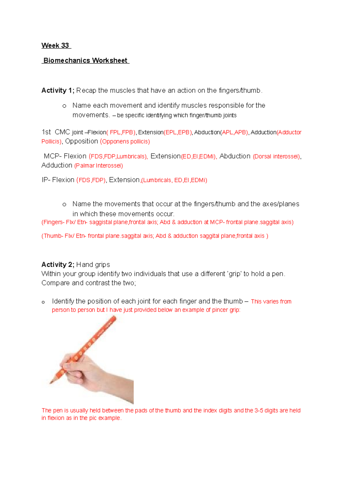 Hand grip - hand grip biomechanics - Week 25 Biomechanics Throughout Joints And Movement Worksheet