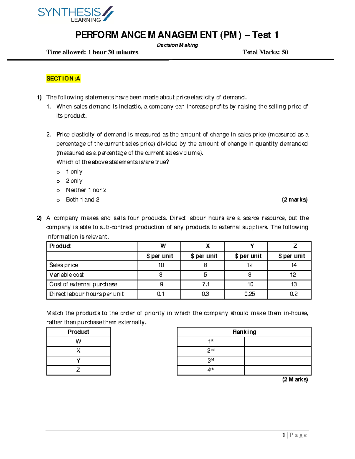 Test 1 Decision Making Perform Ance M Anagem Ent Pm Test 1