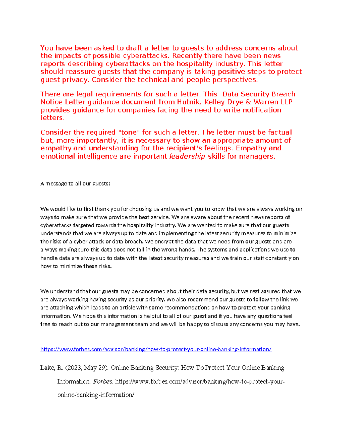 Discussion 2 - You have been asked to draft a letter to guests to ...