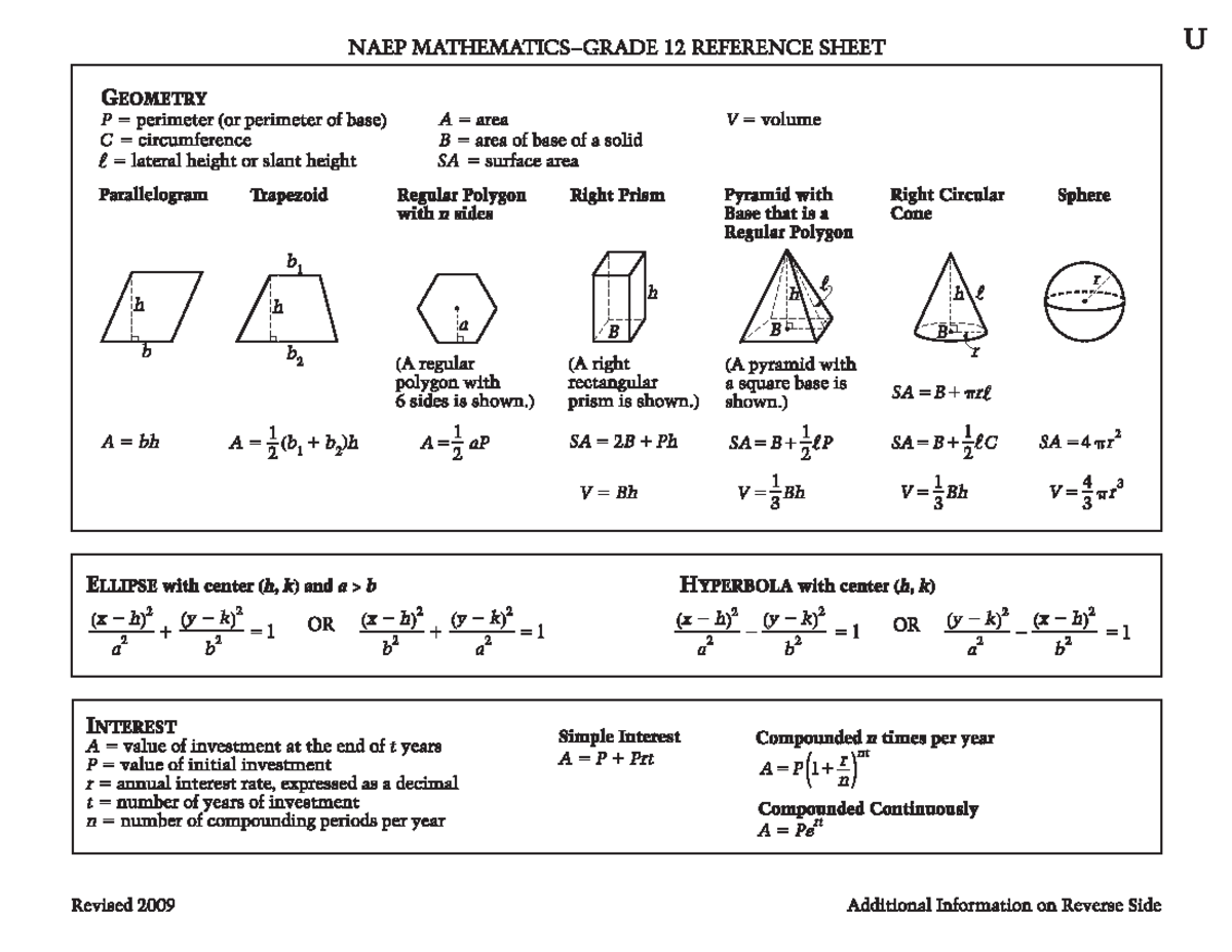 2009 naep math reference sheet - Math1025 - Studocu