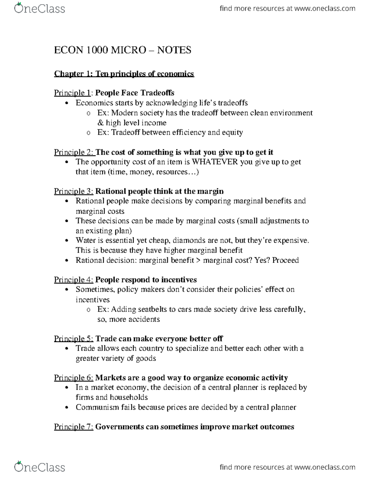 Test Bank Econ1001 - ECON 1000 MICRO – NOTES Chapter 1: Ten principles ...
