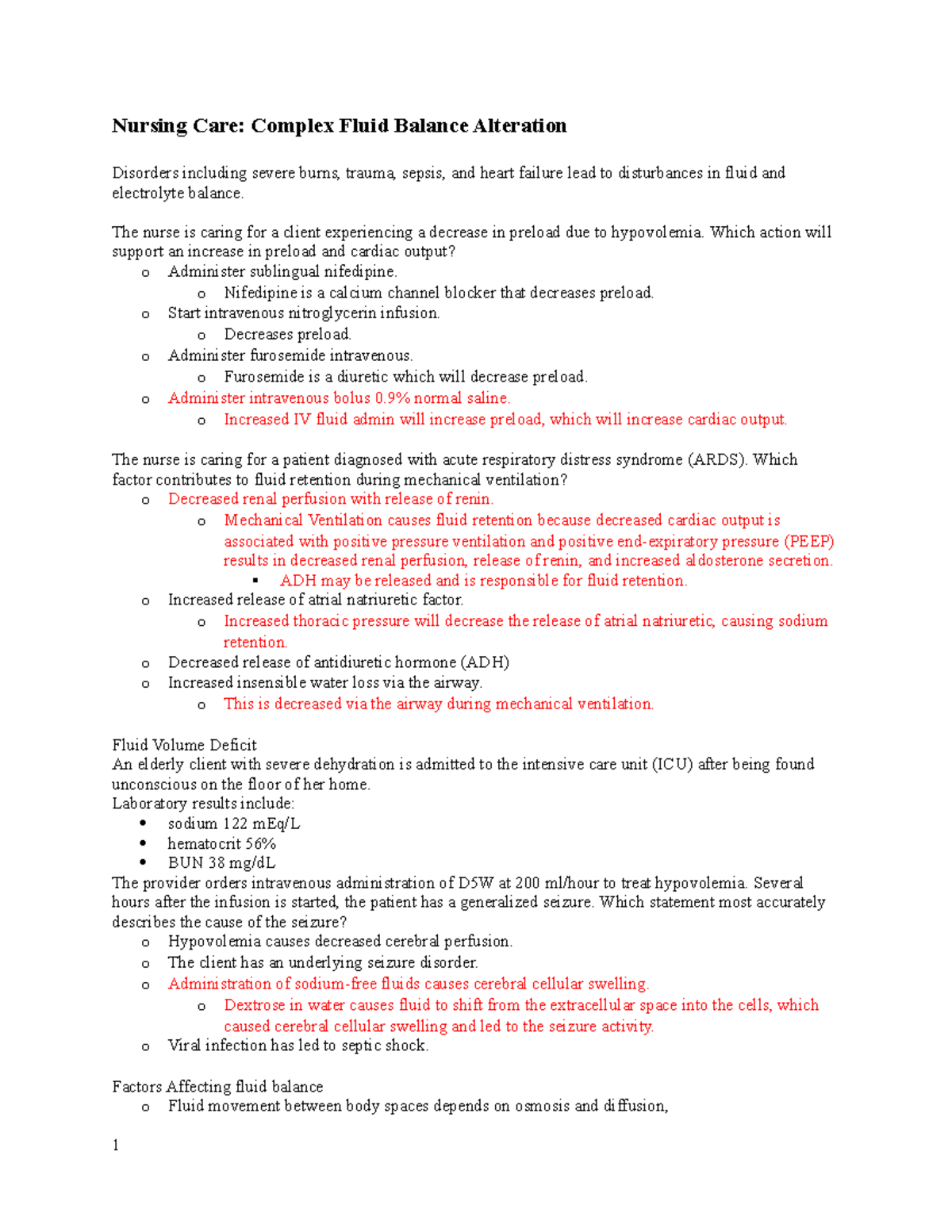 Week 4 Nursing Care Complex Fluid Balance Alterations Nursing Care
