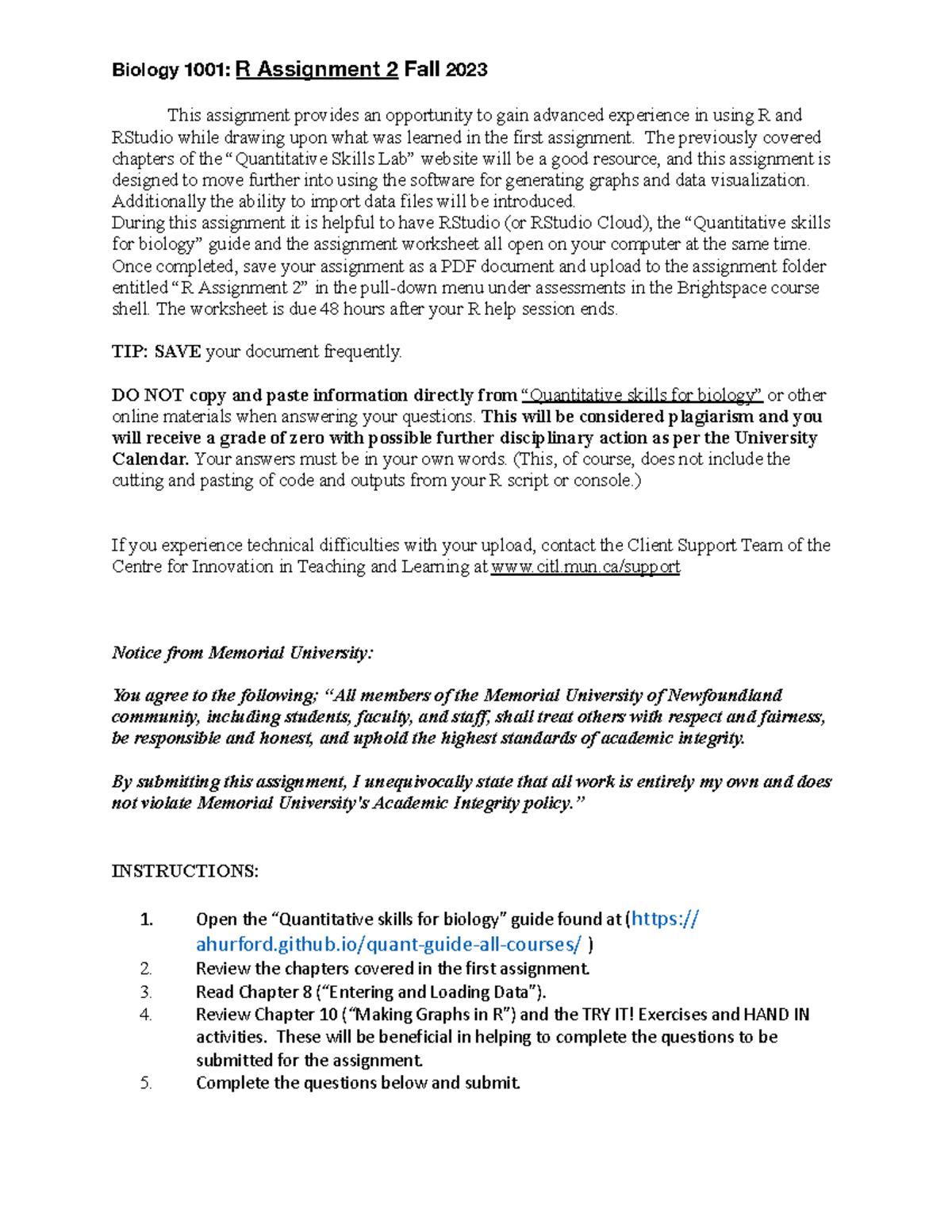 Biol1001 RAssignment 2 - Section 009 - This assignment provides an ...