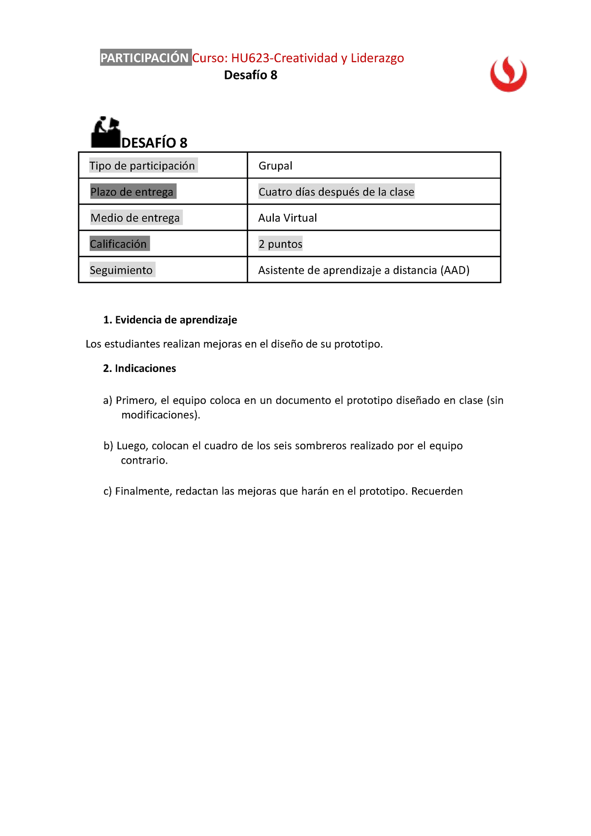 Desafío 8 - PARTICIPACIÓN Curso: HU623-Creatividad Y Liderazgo Desafío ...