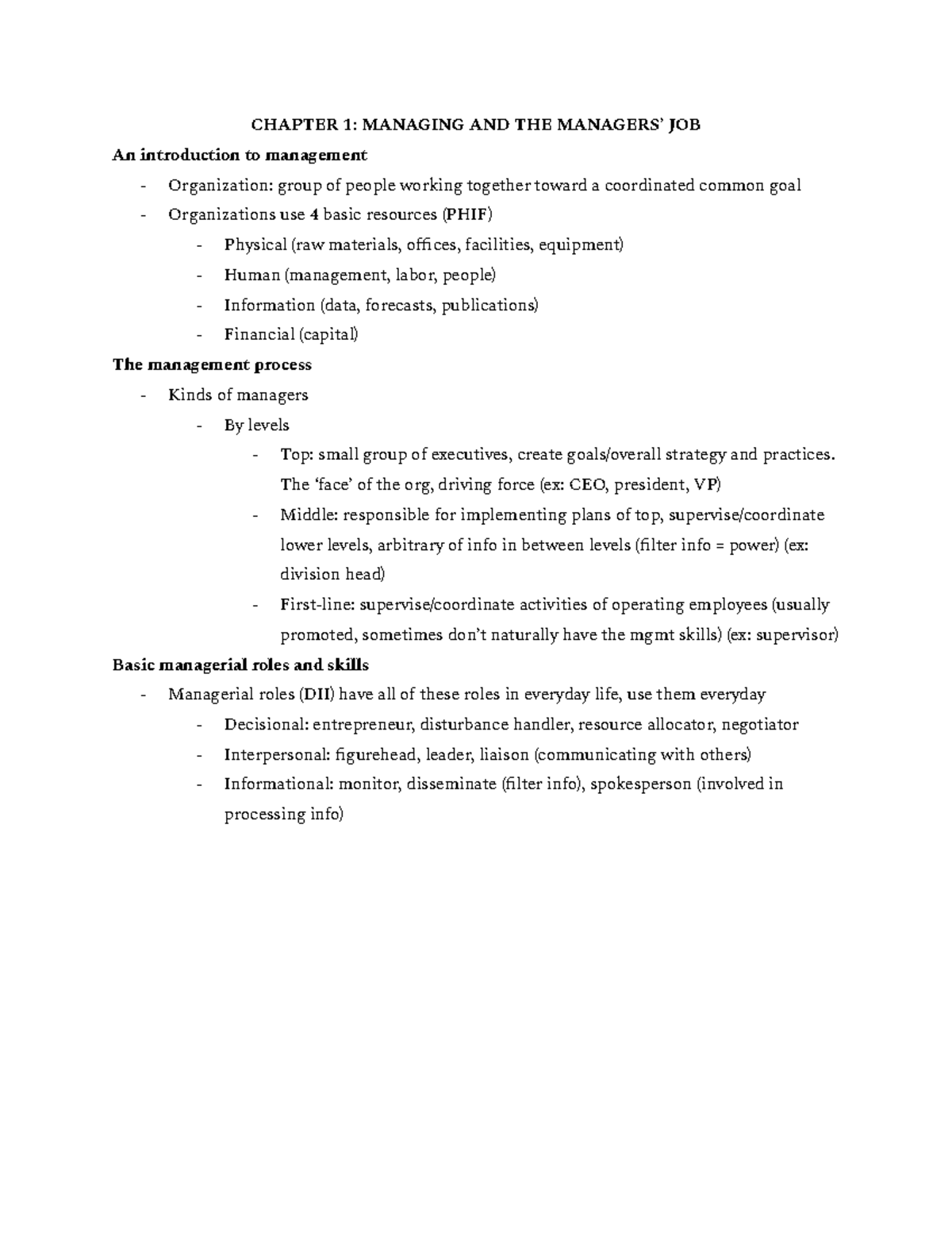 MGMT 304 Final Exam Study Guide - CHAPTER 1: MANAGING AND THE MANAGERS ...