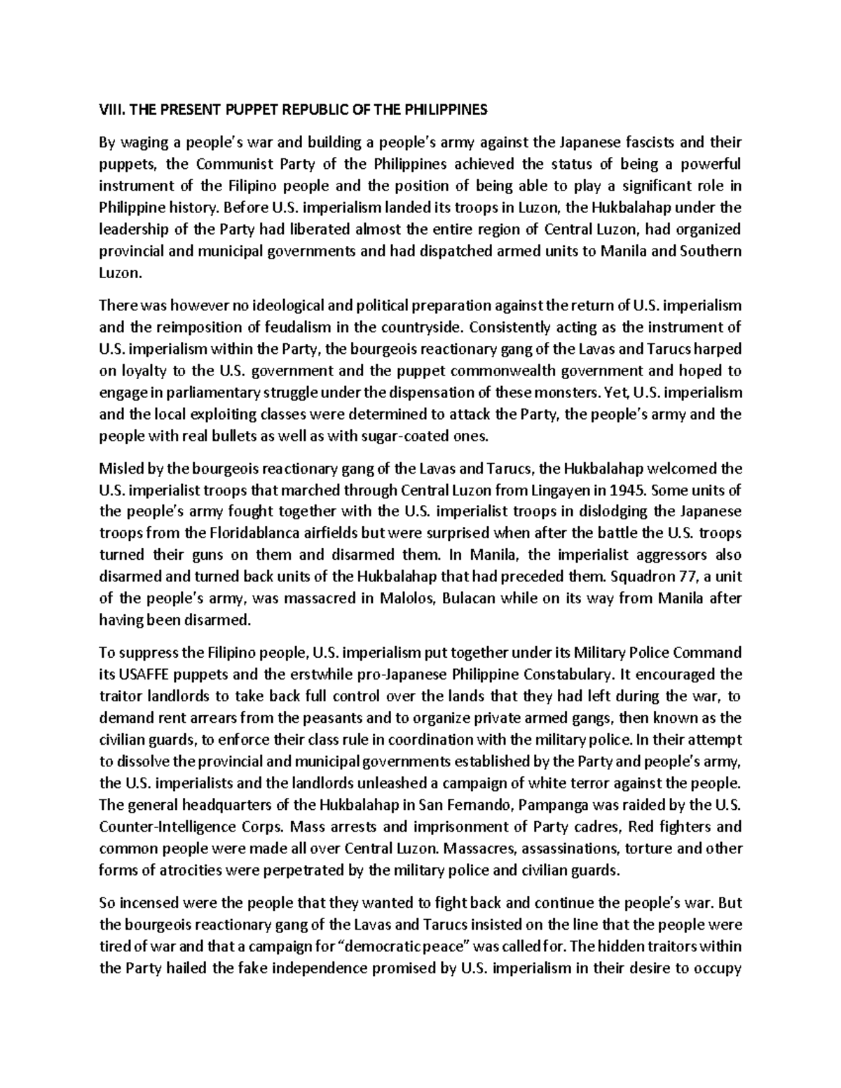 VIII. THE Present Puppet Republic OF THE Philippines Amado Guerrero