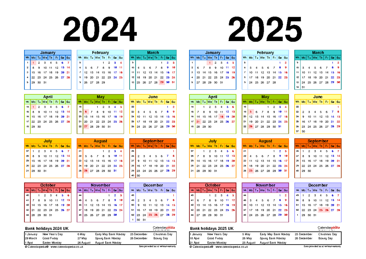 Two year calendar 2024 2025 landscape in colour - Wk Mo Tu We Th Fr Sa ...