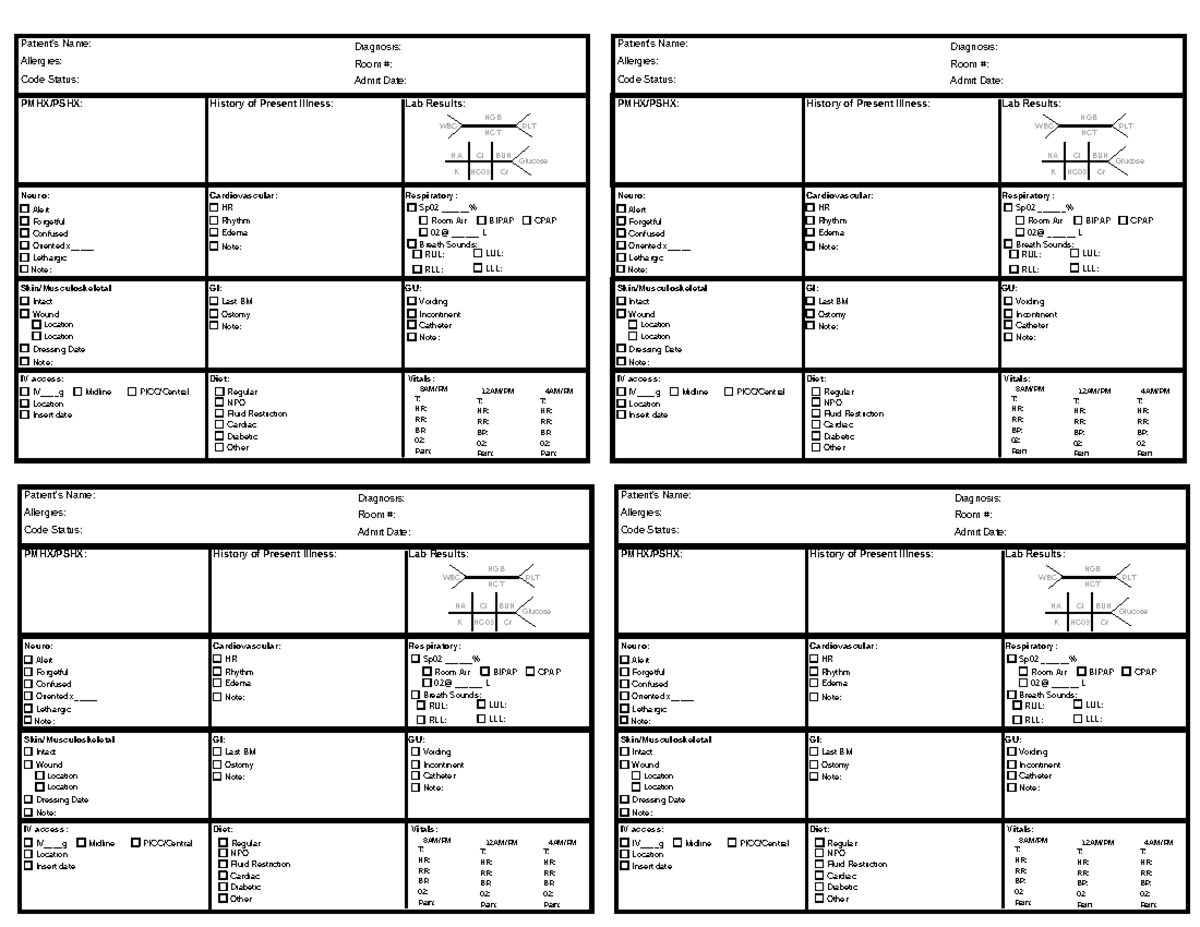 4Patient Nurse Report Sheetdetailed - Patient's Name: Allergies: Code ...