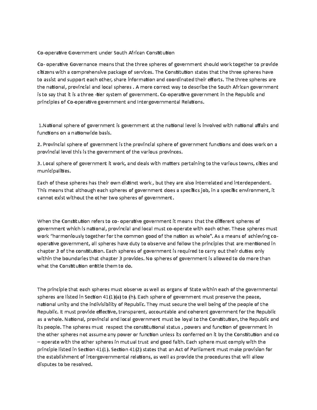 Constitutional assigment Cooperative Government under South African