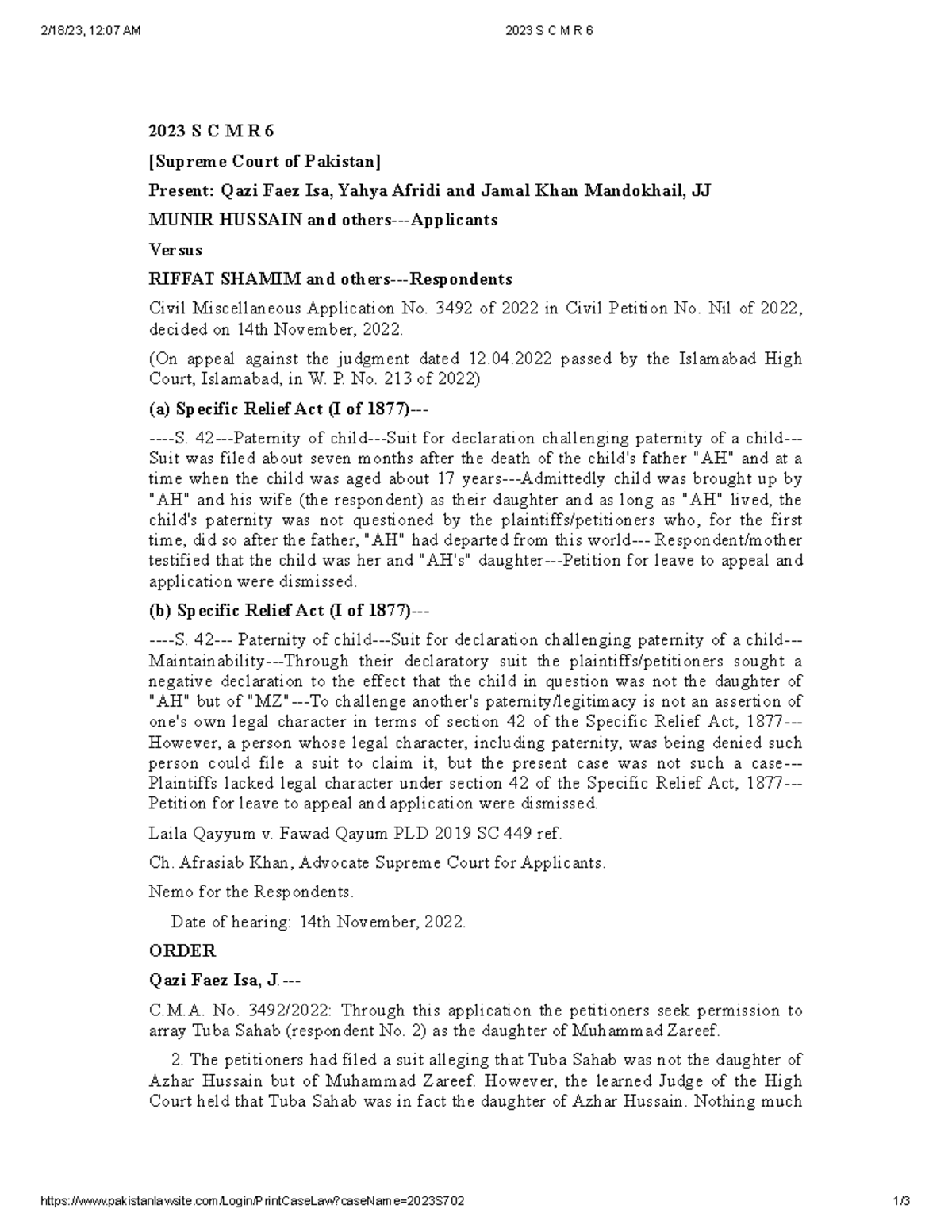 2023 SCMR 6 - Case Laws On The Judgements Of Supreme Court - 2/18/23 ...