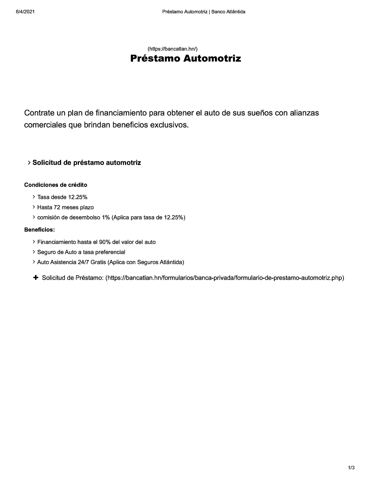 Prestamos Apuntes 3 6/4/2021 Prestamo Automotriz I Banco Atlantida