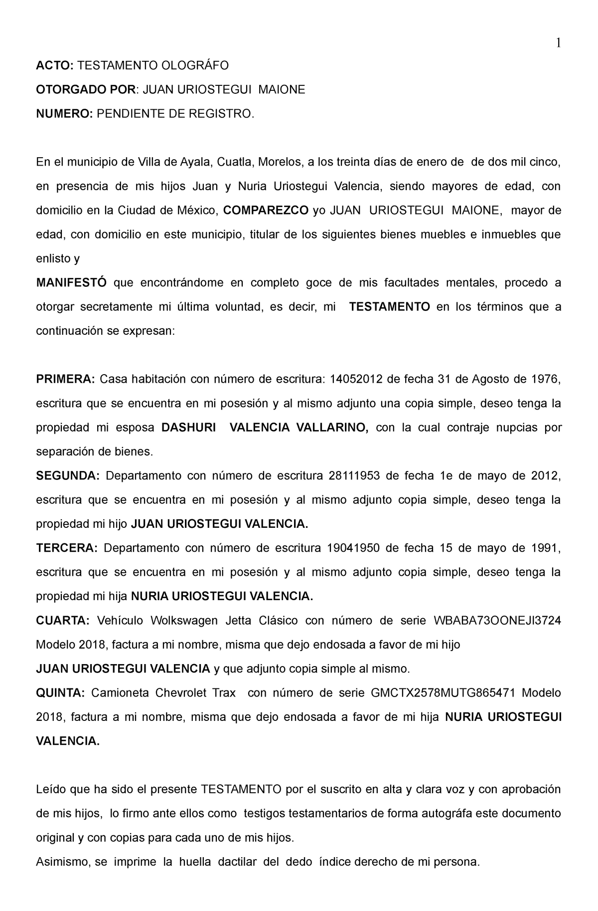 Testamento Olografo - Apuntes 1-2 - 1 ACTO: TESTAMENTO OLOGRÁFO OTORGADO  POR: JUAN URIOSTEGUI MAIONE - Studocu