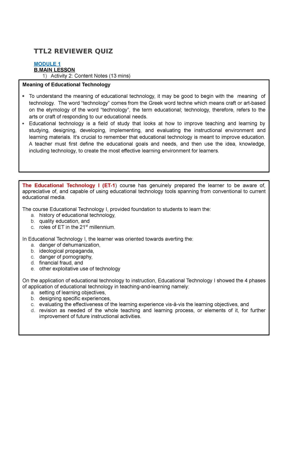 TTL2 Reviewer 1 5 MAIN Lesson ONLY - TTL2 REVIEWER QUIZ MODULE 1 B ...