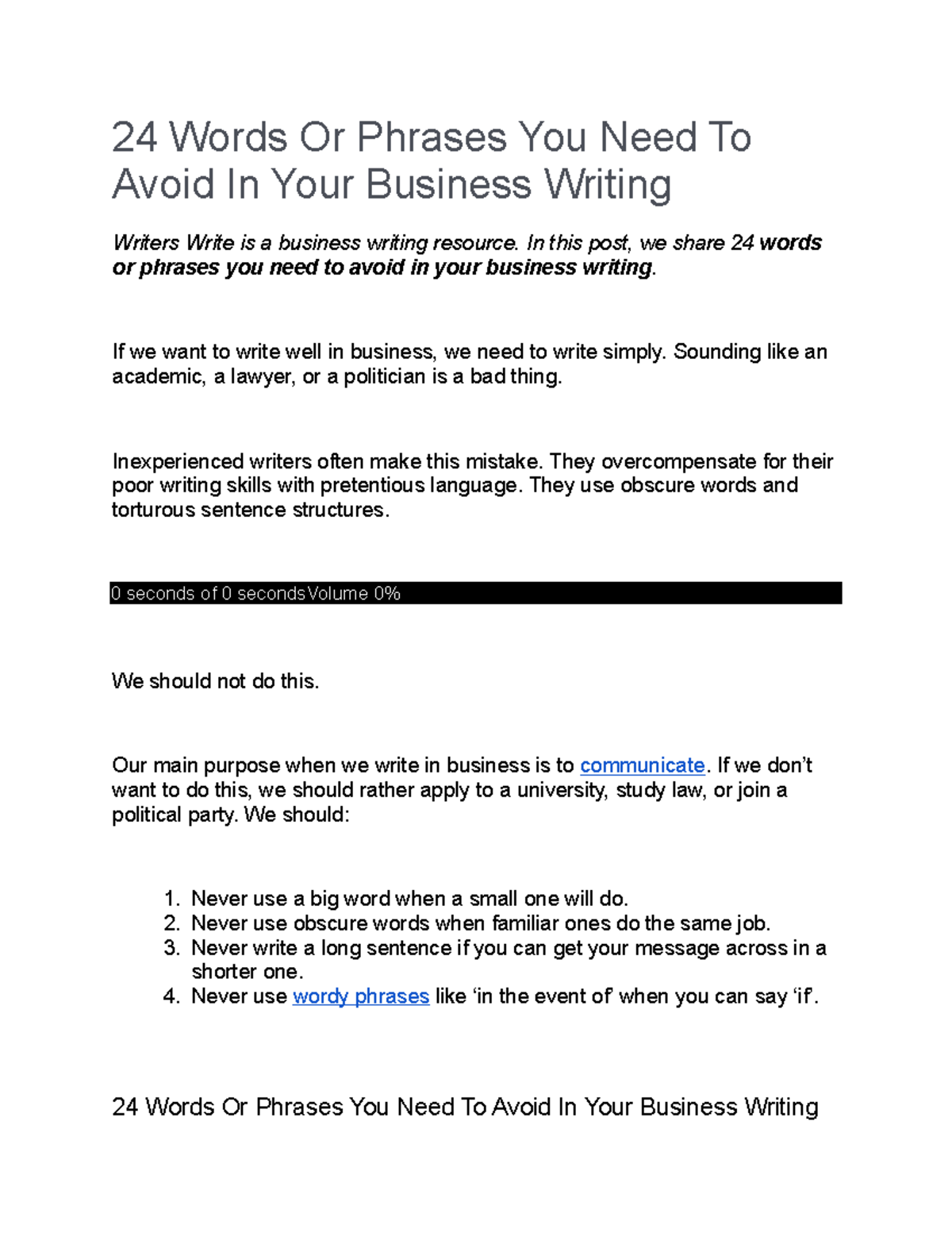 What words should not be used in business writing?