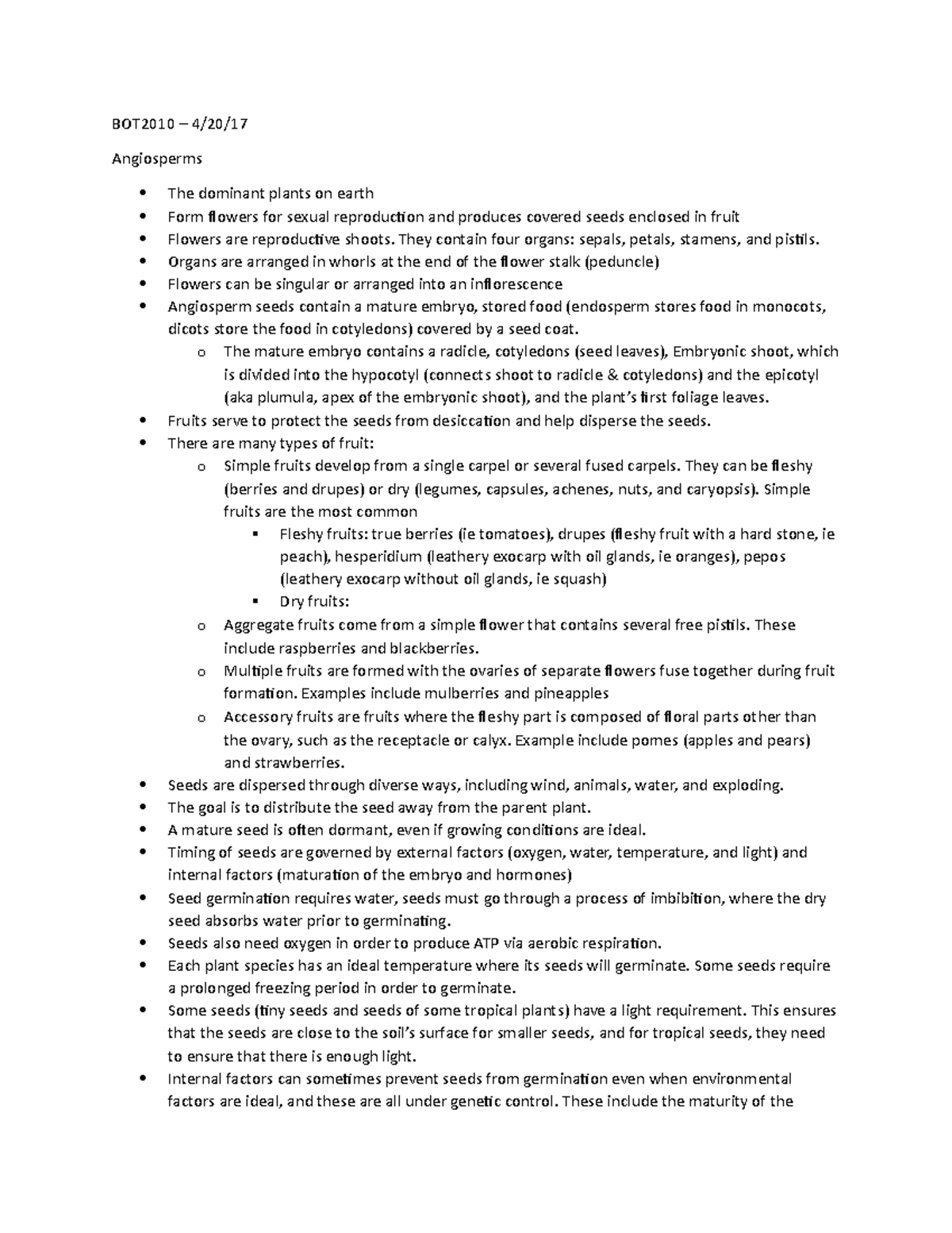 4 20 17 angiosperms - Lecture notes 18 - BOT2010 Angiosperms The ...