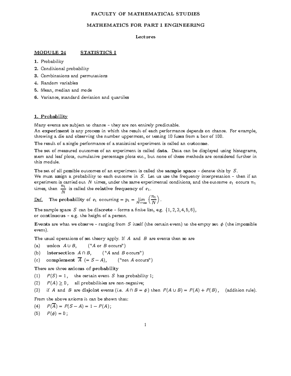 Lecture notes, lecture 1 and 2 - Statistics - FACULTY OF MATHEMATICAL ...