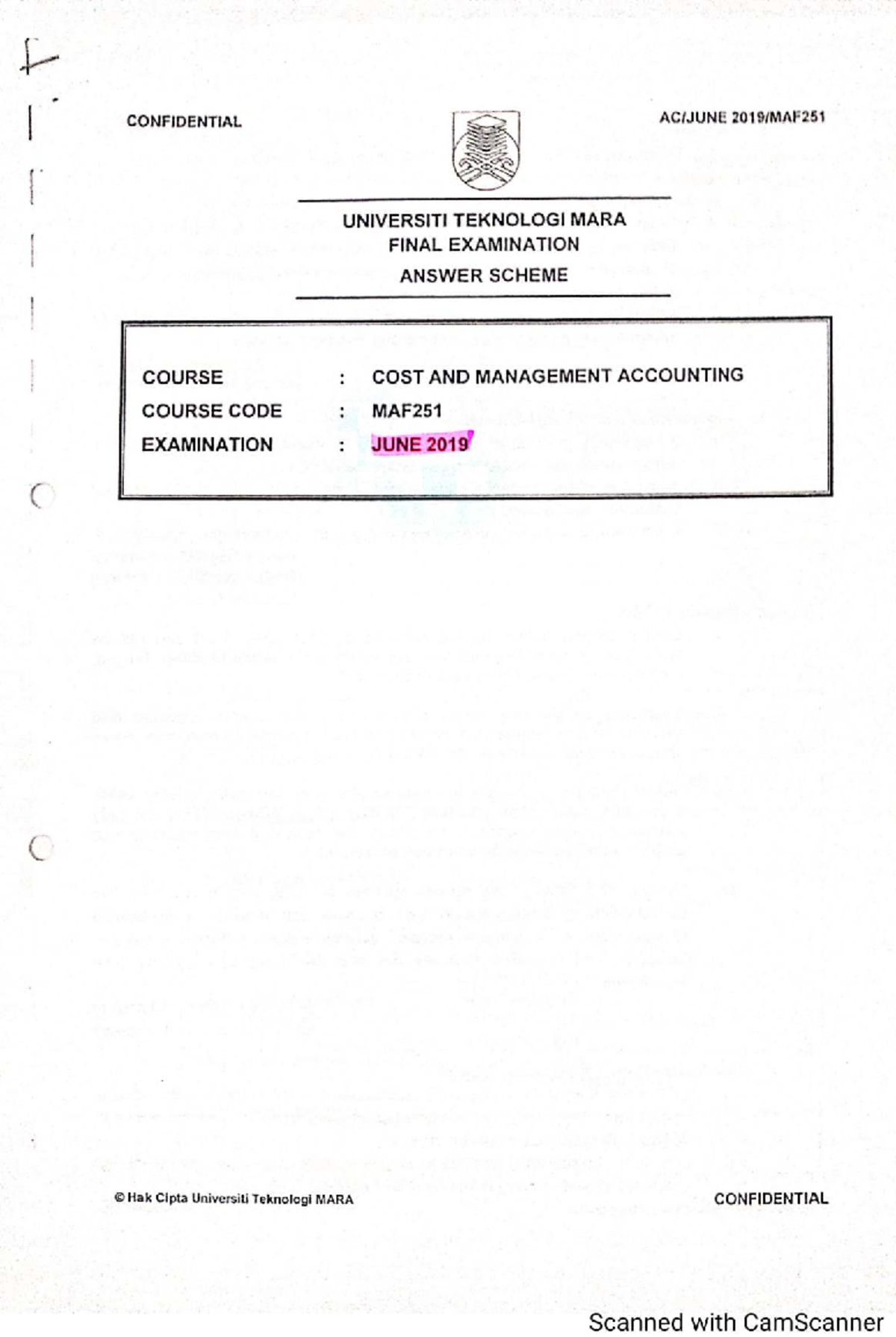 Maf251 june 19 answer - Cost and Management accounting - UiTM - Studocu