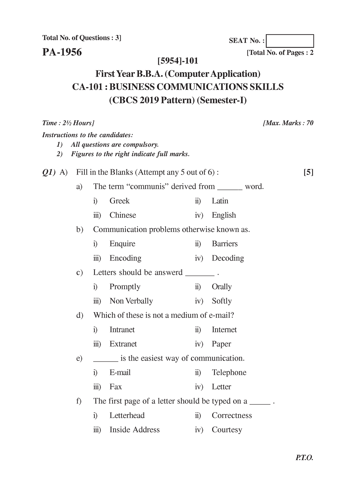 B.B.A ( C.A ) 2019 Pattern - Total No. Of Questions : 3] ####### [5954 ...