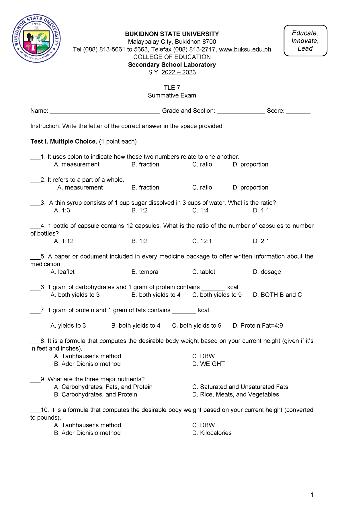 TLE7- Summative TEST - BUKIDNON STATE UNIVERSITY Malaybalay City ...