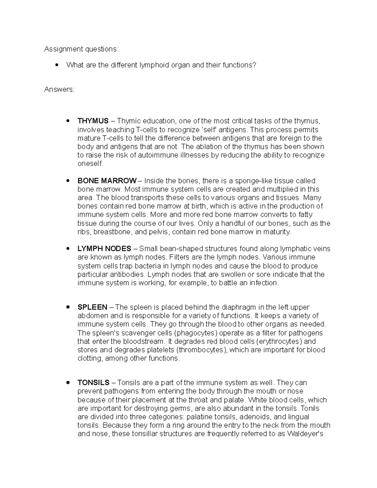 Lymphoid organ - lecture notes - Assignment questions: What are the ...