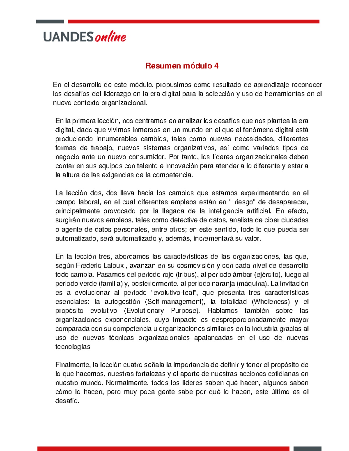 Resumen módulo 4 - Materia del Diplomado en Liderazgo y Gestión de ...