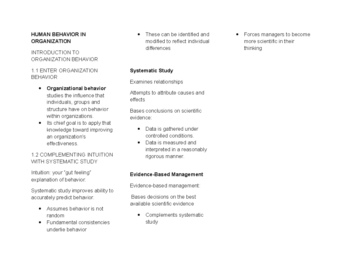 HBO 1 - Lecture notes 1 - Human Behavior in Organization - Studocu