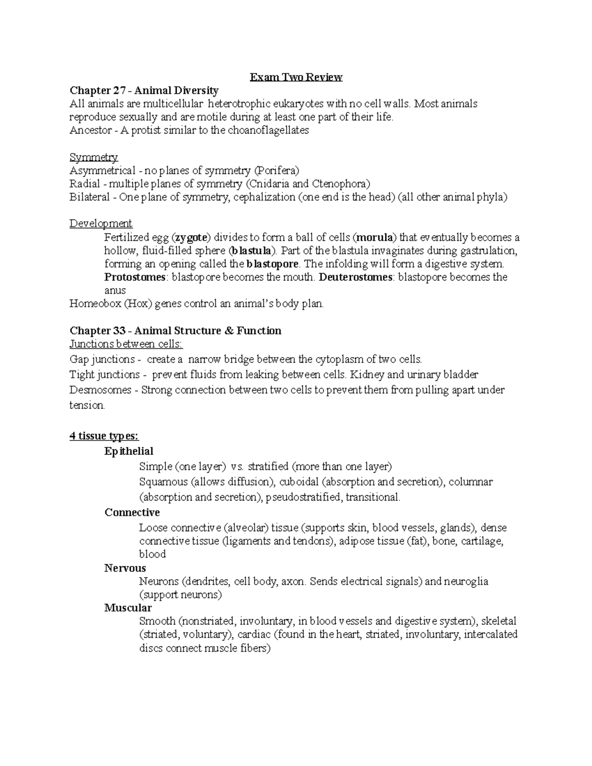 Exam Two Review - Exam Two Review Chapter 27 - Animal Diversity All ...