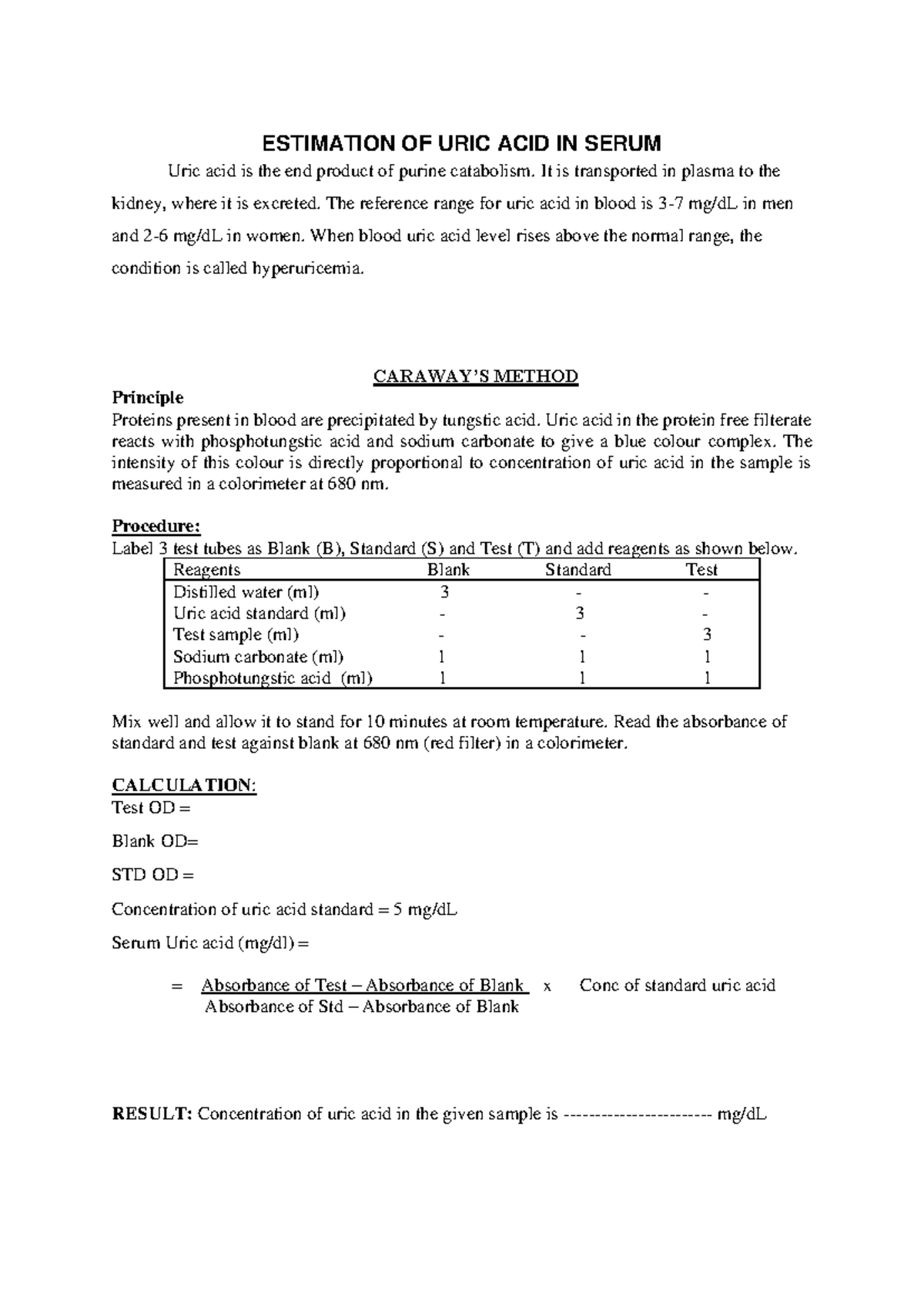 Mbbs Estimation OF URIC ACID IN Serum - ESTIMATION OF URIC ACID IN ...