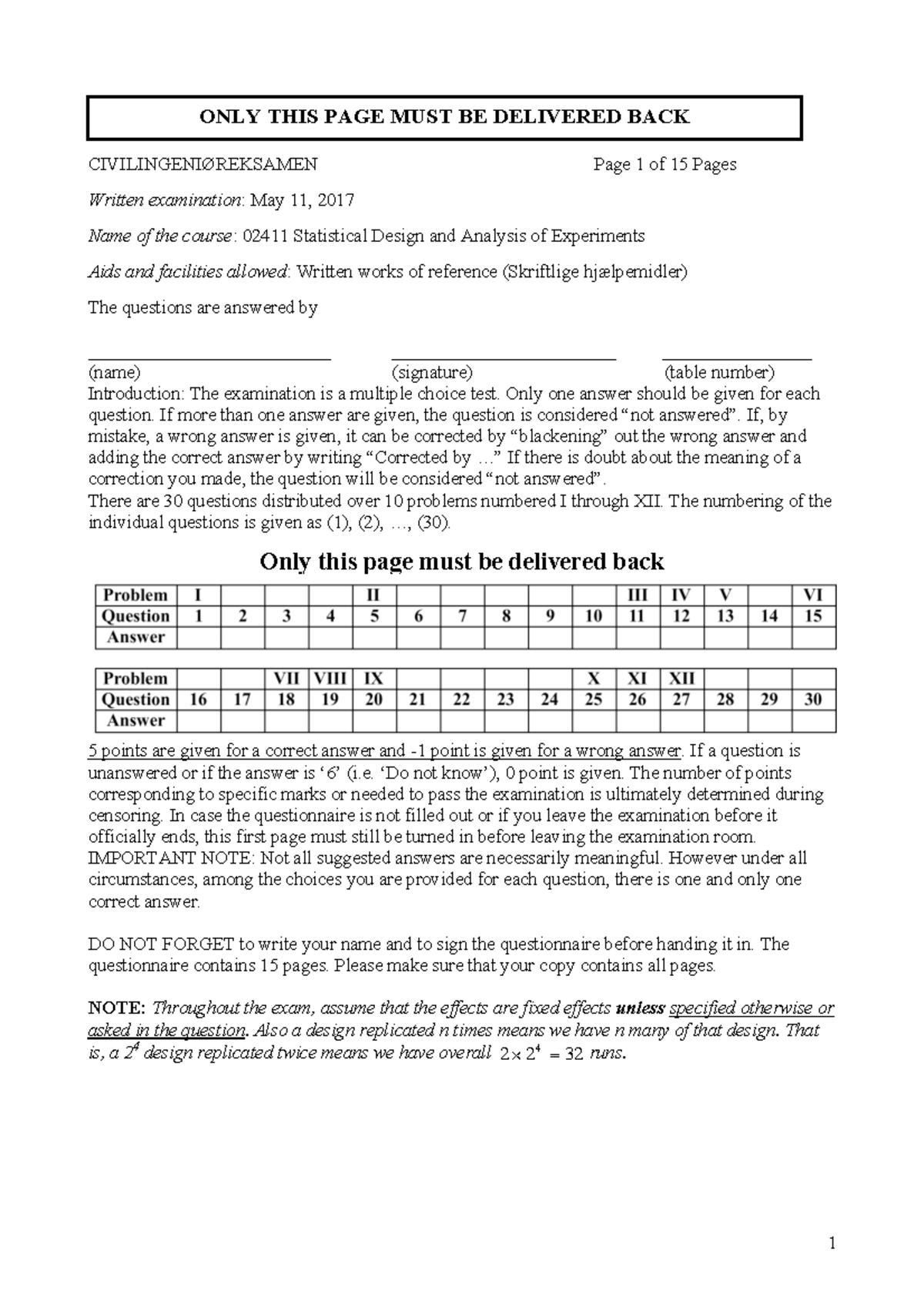 Exam S2017 Questions Only Civilingeniøreksamen Page 1 Of 15 Pages Written Examination May 11 Exam S2017 Questions Only Civilingeniøreksamen Page 1 Of 15 Pages Written Examination May 11
