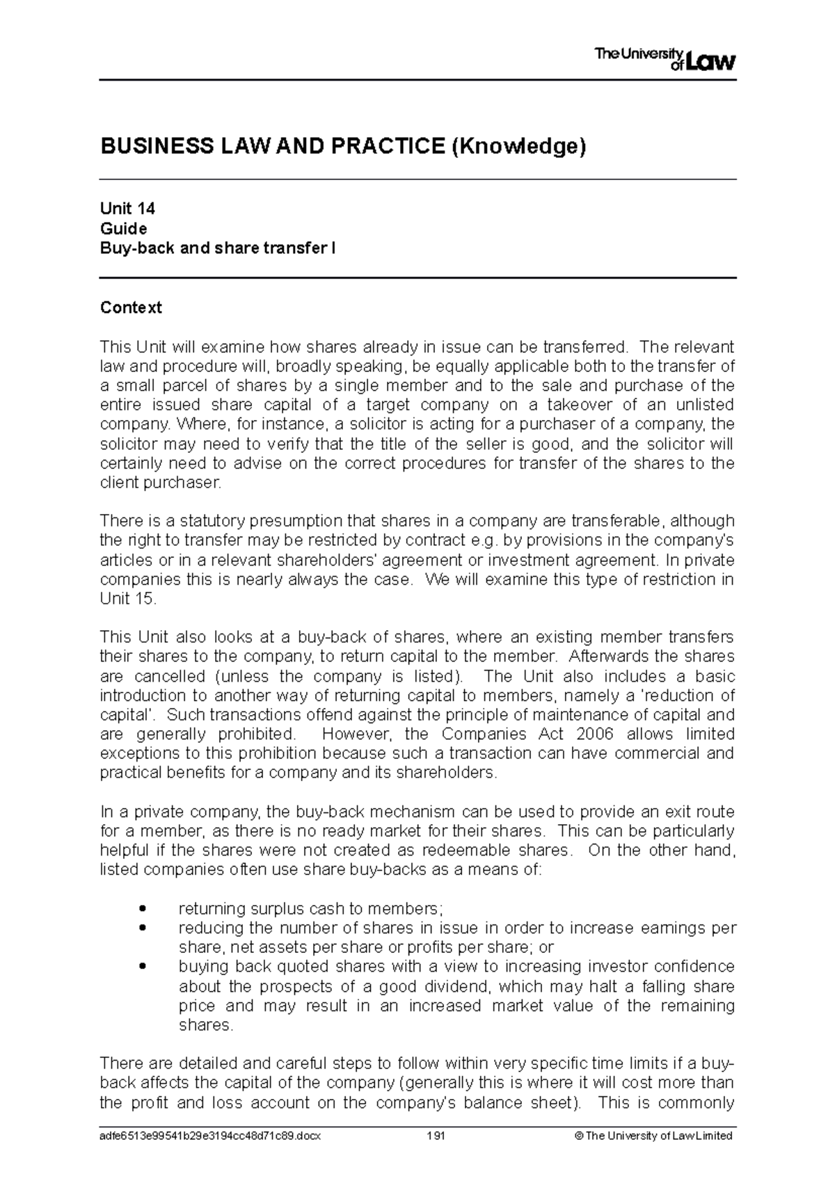 BLP WS 14 - blp - BUSINESS LAW AND PRACTICE (Knowledge) Unit 14 Guide ...