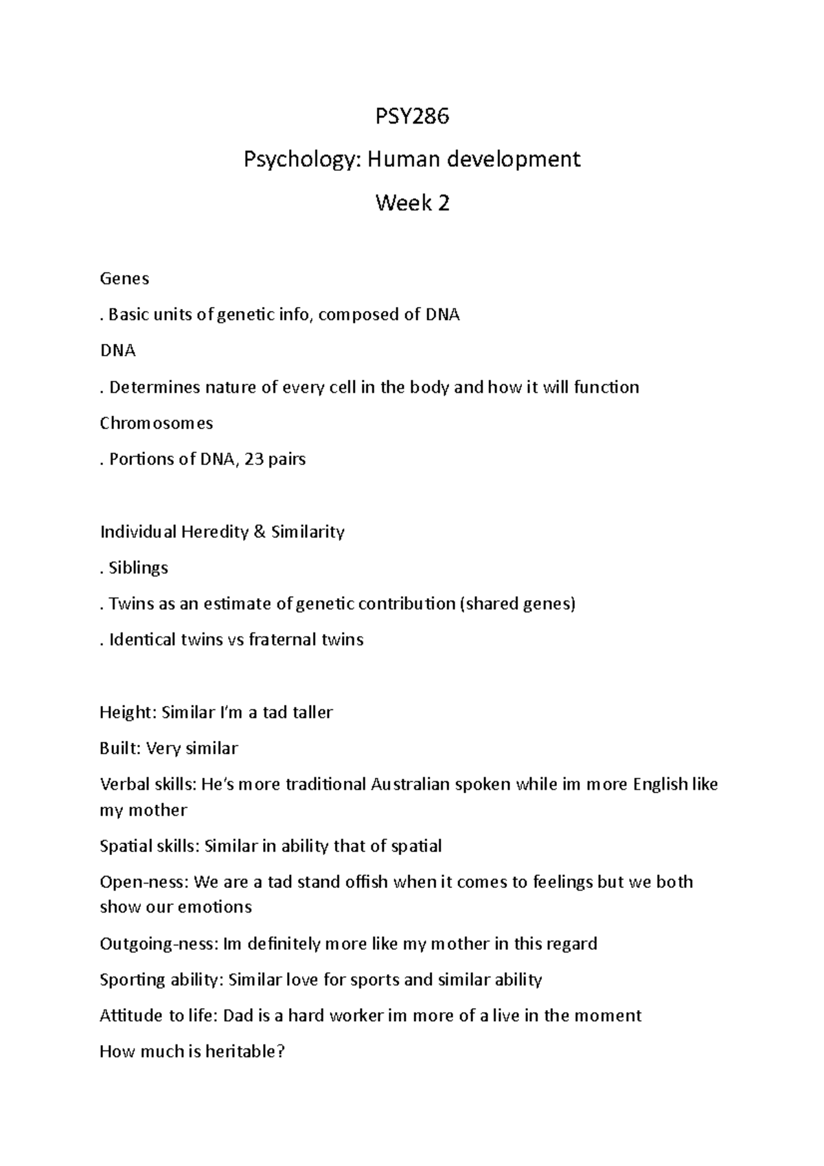 Week 2 - Week 2 - PSY Psychology: Human development Week 2 Genes ...