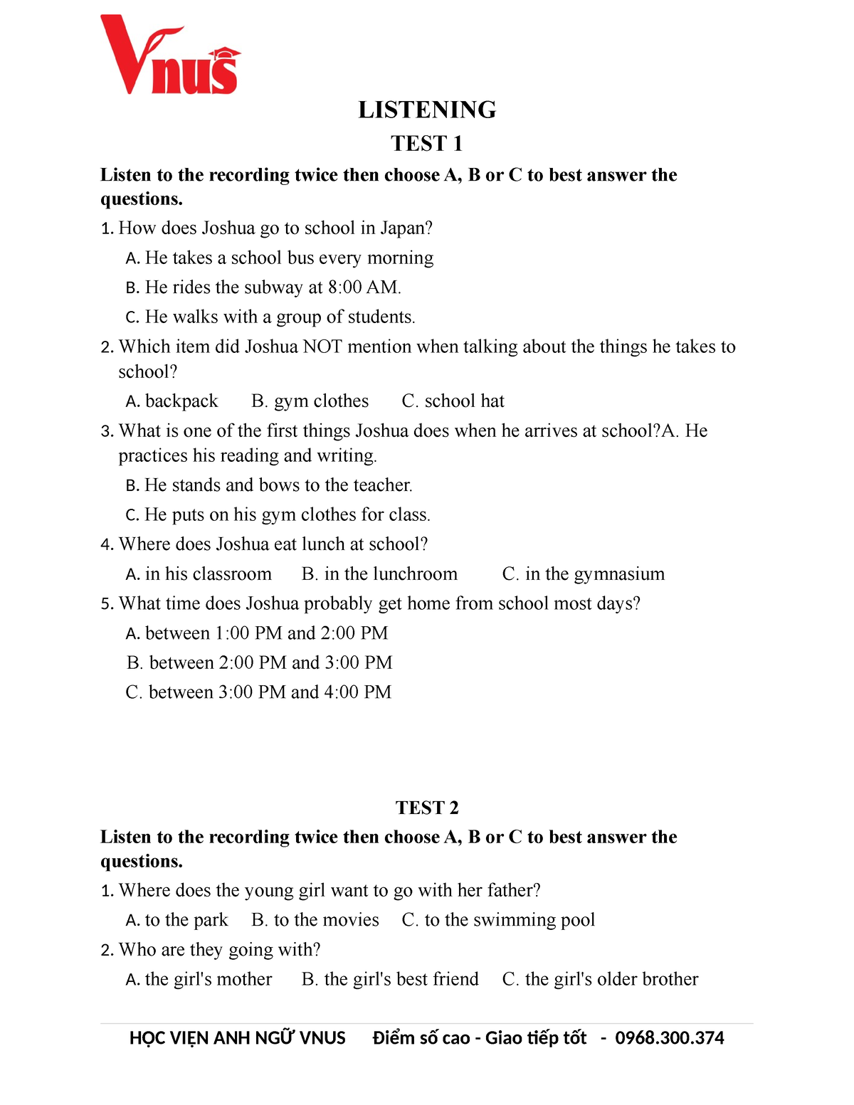 [ Grade 6] Listening - LISTENING TEST 1 Listen To The Recording Twice ...